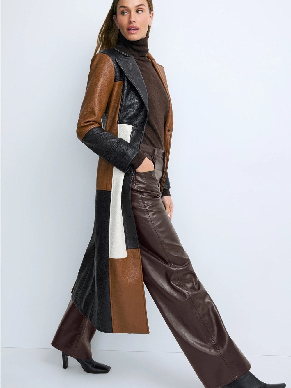 Colorblock Faux-Leather Long Coat in Brown, Dark Brown & Cream - Picture 4 of 9
